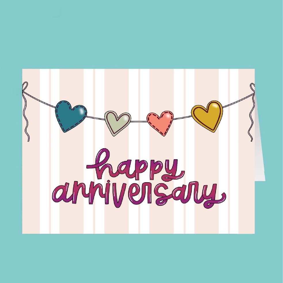 Card with colorful hearts and 'Happy Anniversary' text on a striped background