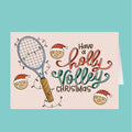 Card with tennis racket and Christmas-themed text on a pink background