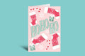Pink Christmas card with 'HO HO HO' text and festive illustrations on a teal background
