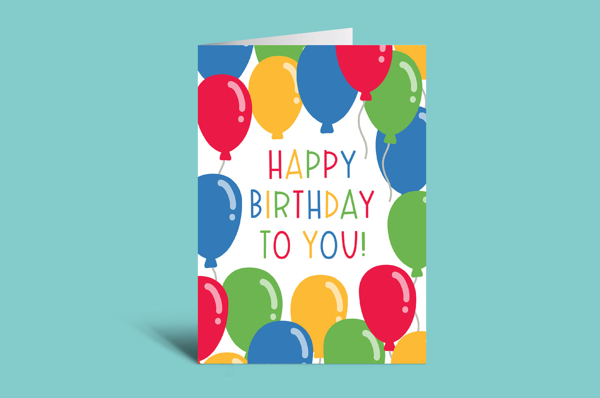 Colorful birthday card with balloons and 'Happy Birthday To You!' text on a light green background