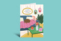Greeting card with illustration of a living room scene and 'Home Sweet Home' text on a teal background