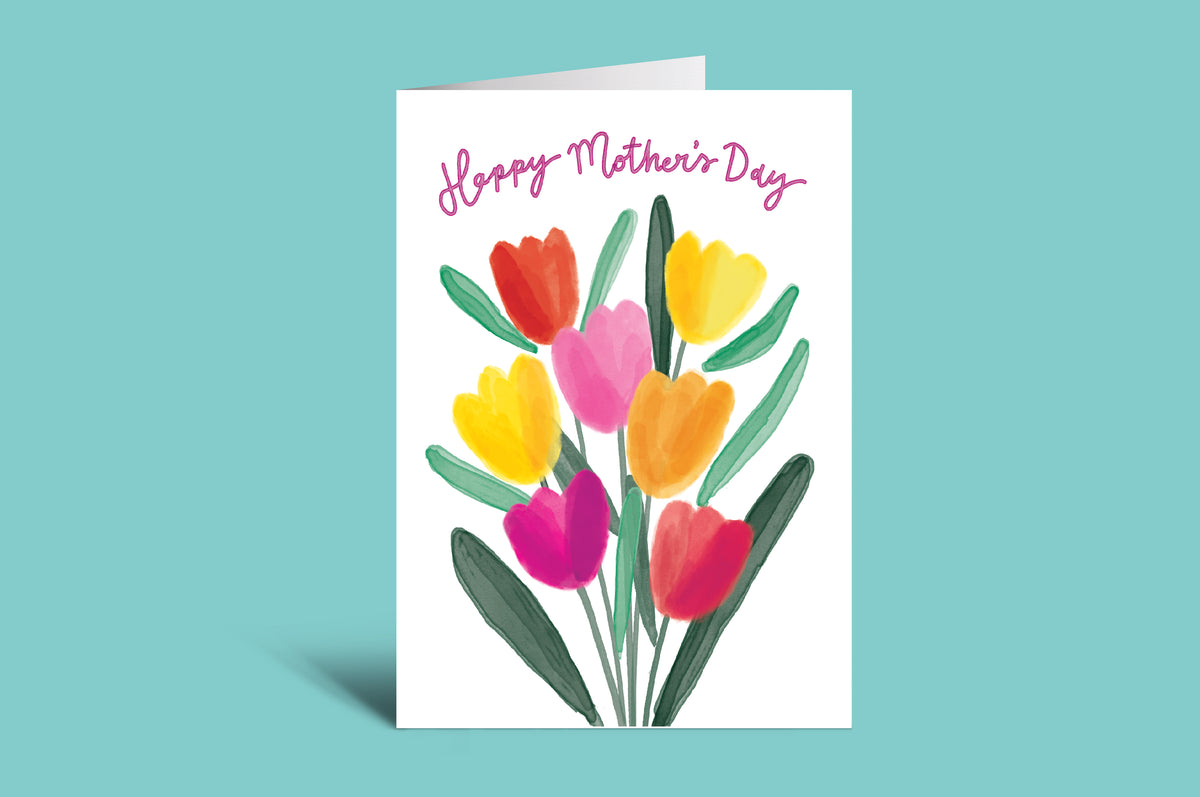 Mother's Day card with colorful tulips on a green background