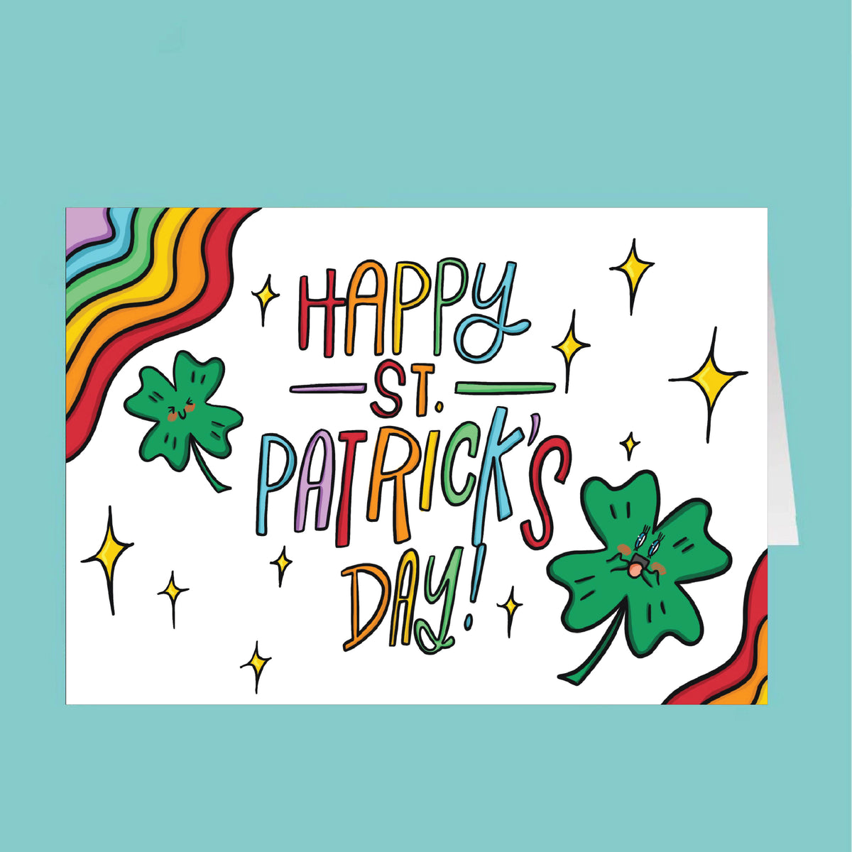 St. Patrick's Day card with colorful text and shamrocks on a teal background