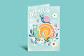 Greeting card with snails and flowers on a green background
