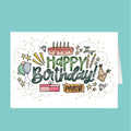 Birthday card with colorful text and illustrations on a teal background