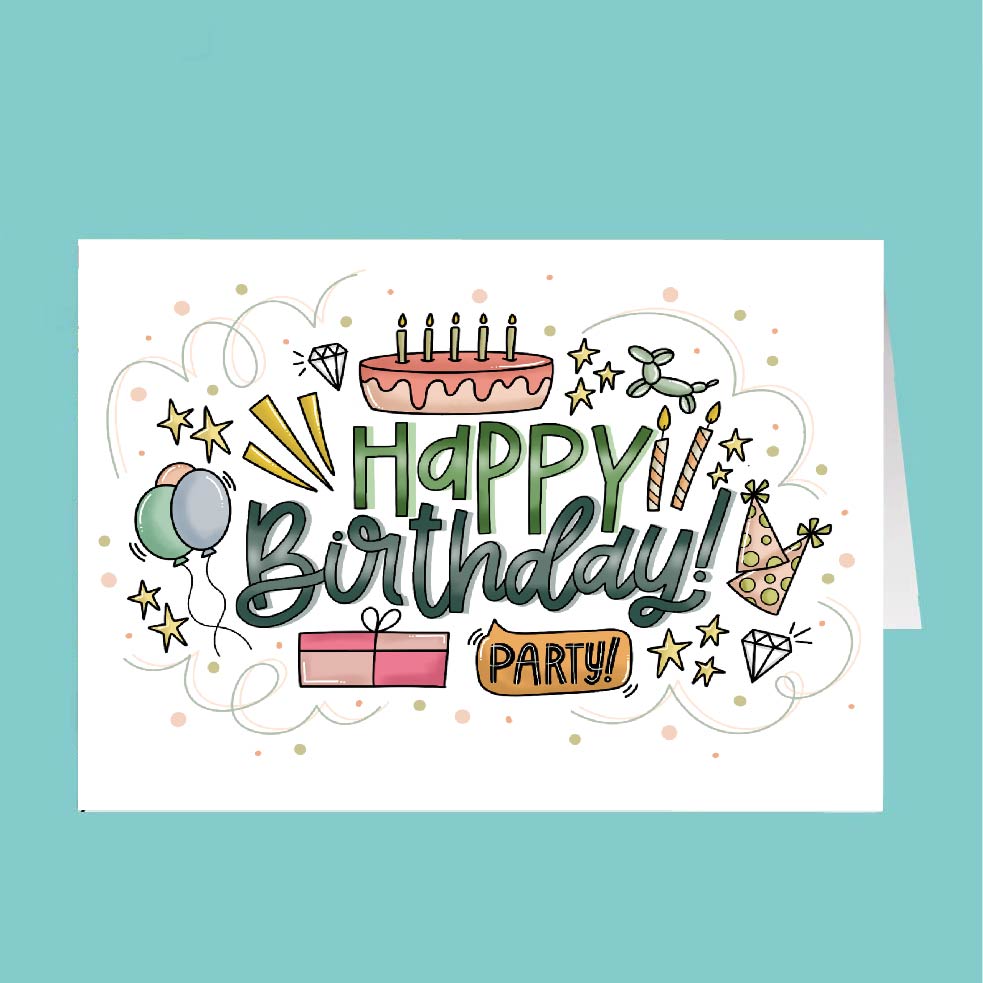 Birthday card with colorful text and illustrations on a teal background