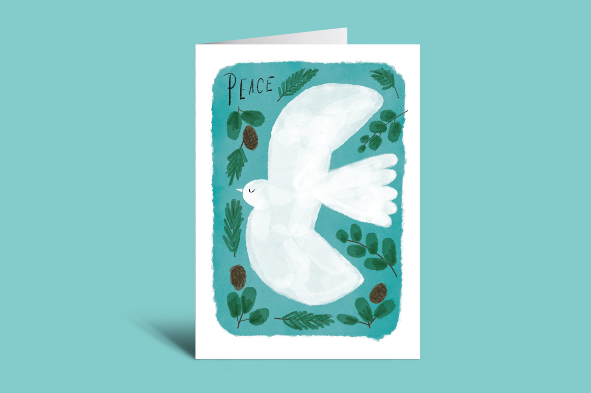 Greeting card with a white dove and 'Peace' text on a green background