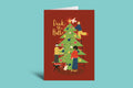Colorful Christmas-themed card with ornaments and 'Falla' text on a blue background