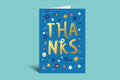 Blue card with 'THANKS' in gold letters on a teal background