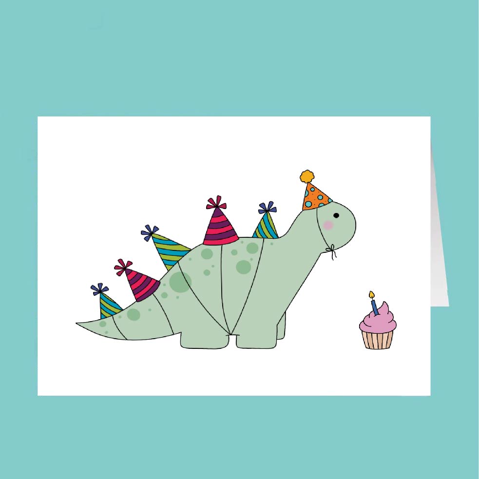 Birthday card with a dinosaur wearing party hats and a cupcake, on a teal background.