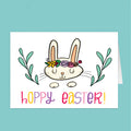 Easter card with a bunny wearing a flower crown and 'Hoppy Easter!' text on a teal background