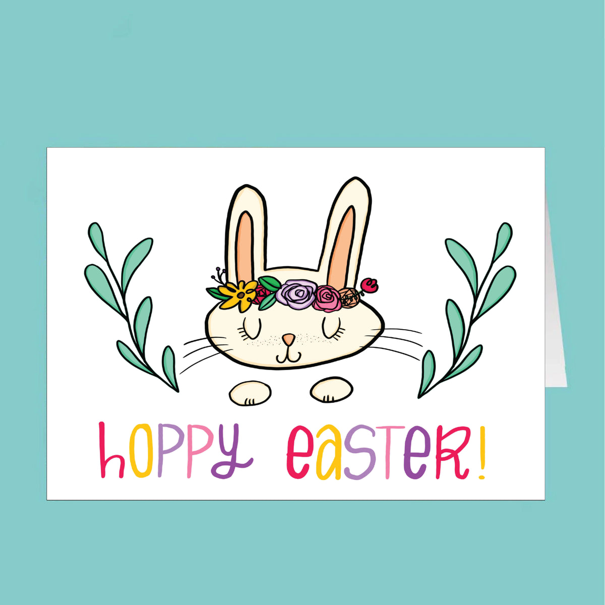 Easter card with a bunny wearing a flower crown and 'Hoppy Easter!' text on a teal background