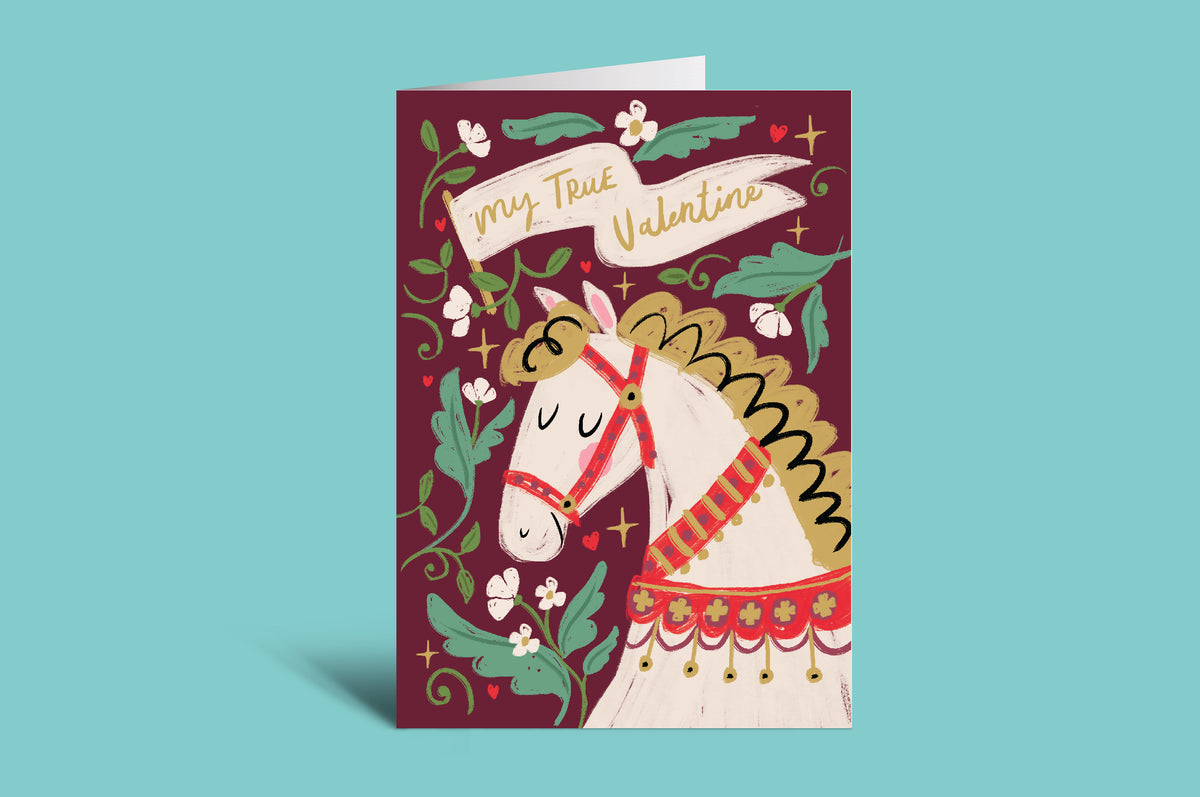 Valentine's Day card with a horse illustration on a green background