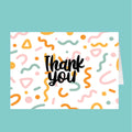 Card with 'Thank you' text and colorful abstract patterns on a teal background