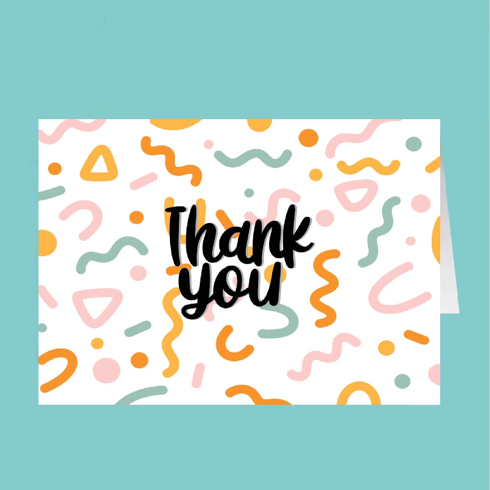 Card with 'Thank you' text and colorful abstract patterns on a teal background