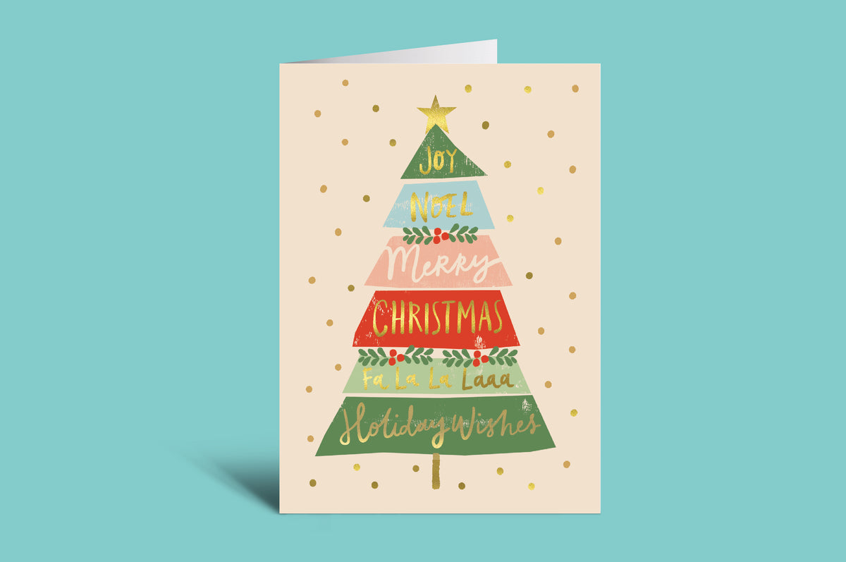 Christmas-themed greeting card with a tree design on a light green background