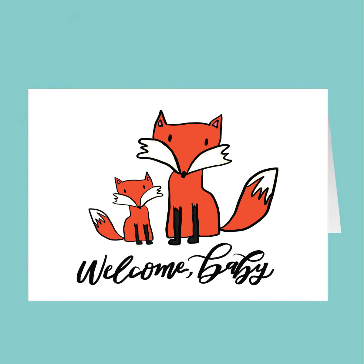 Greeting card with two foxes and 'Welcome, Baby' text on a white background