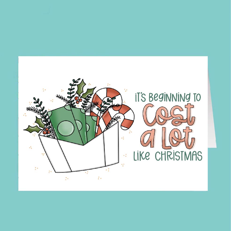 Card with Christmas-themed illustration and text on a teal background