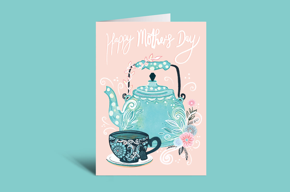 Mother's Day card with a teapot and cup design on a pink background