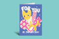 Birthday card with a cartoon character holding a balloon dog on a teal background
