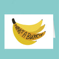 Cartoon bananas with 'Thanks A Bunch!' text on a white card against a teal background