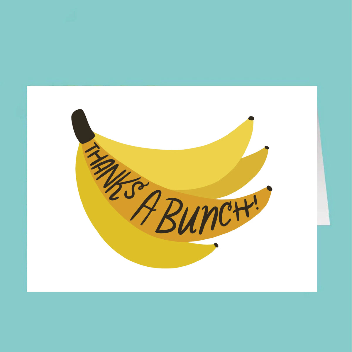 Cartoon bananas with 'Thanks A Bunch!' text on a white card against a teal background
