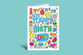 Colorful birthday card with various icons on a light blue background