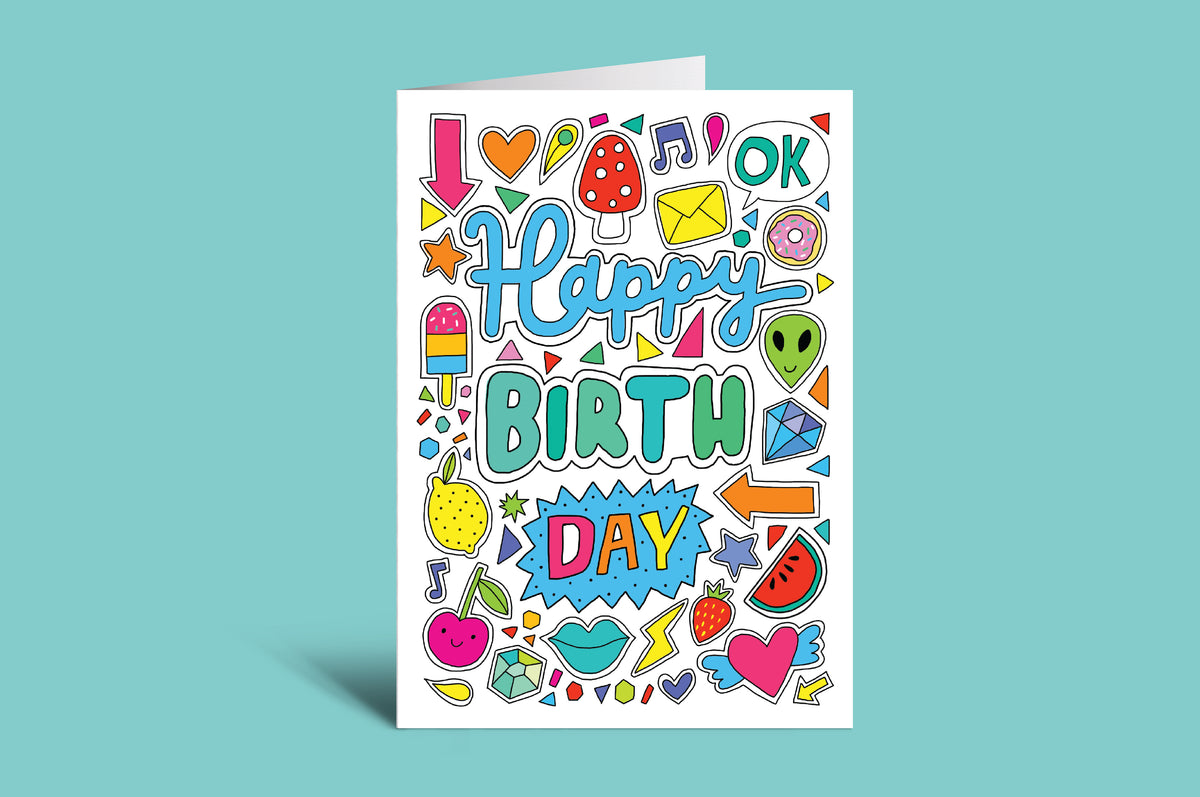 Colorful birthday card with various icons on a light blue background