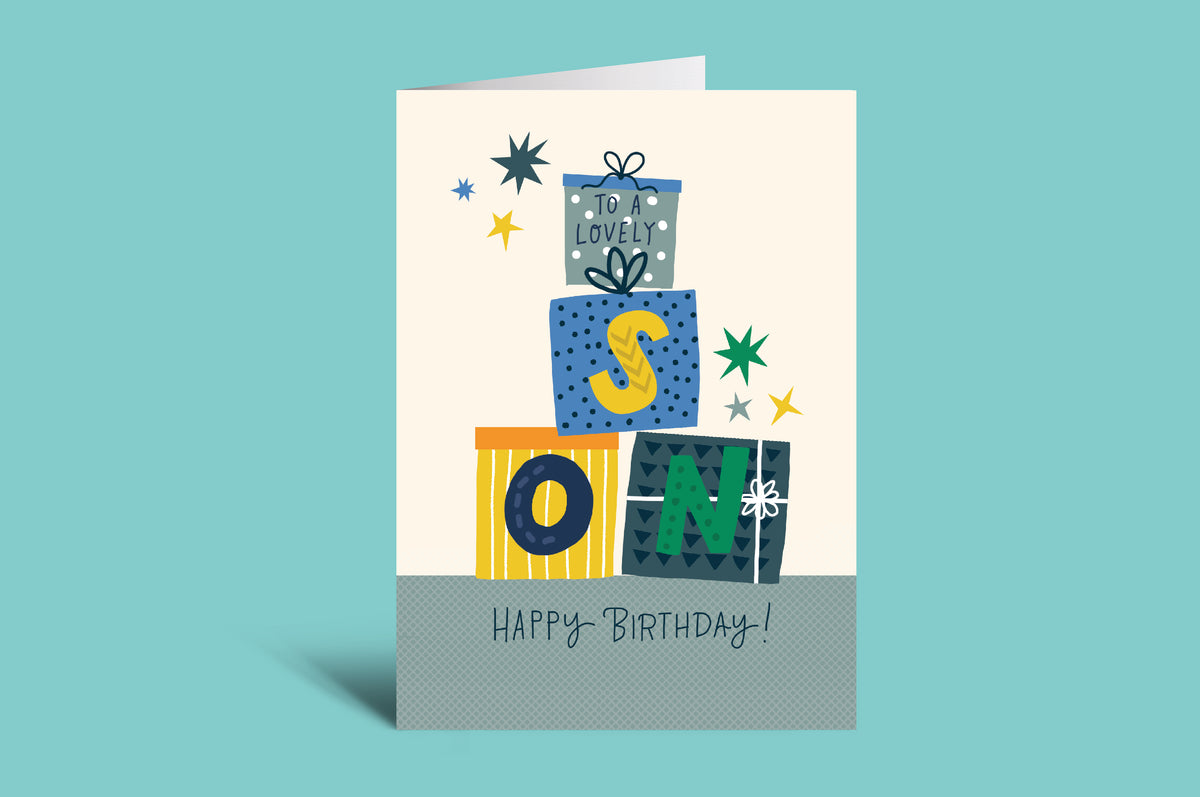 Birthday card for a son with colorful text and presents on a green background