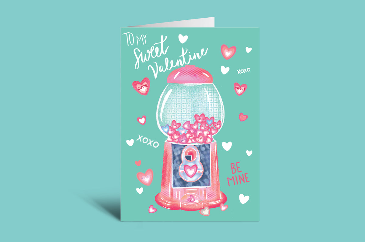 Valentine's Day card with a gumball machine and heart-themed design on a green background