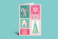 Christmas-themed greeting card with colorful designs on a green background