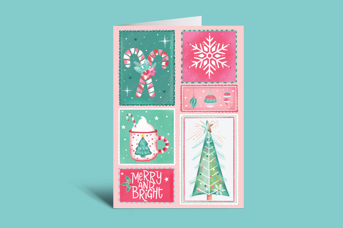 Christmas-themed greeting card with colorful designs on a green background