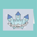 Cartoon castle with a banner on a light blue background
