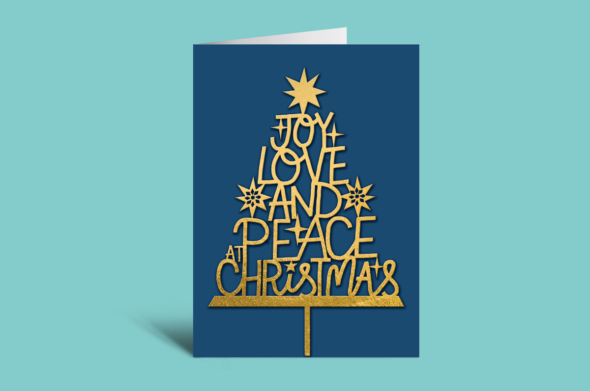 Blue Christmas card with gold tree design and 'Joy Love Peace Christmas' text on a teal background