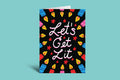 Greeting card with 'Let's Get Lit' text and colorful candle illustrations on a black background.