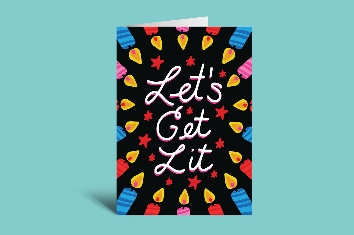 Greeting card with 'Let's Get Lit' text and colorful candle illustrations on a black background.