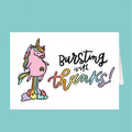 Card with a unicorn illustration and 'Bursting with thanks!' text on a teal background