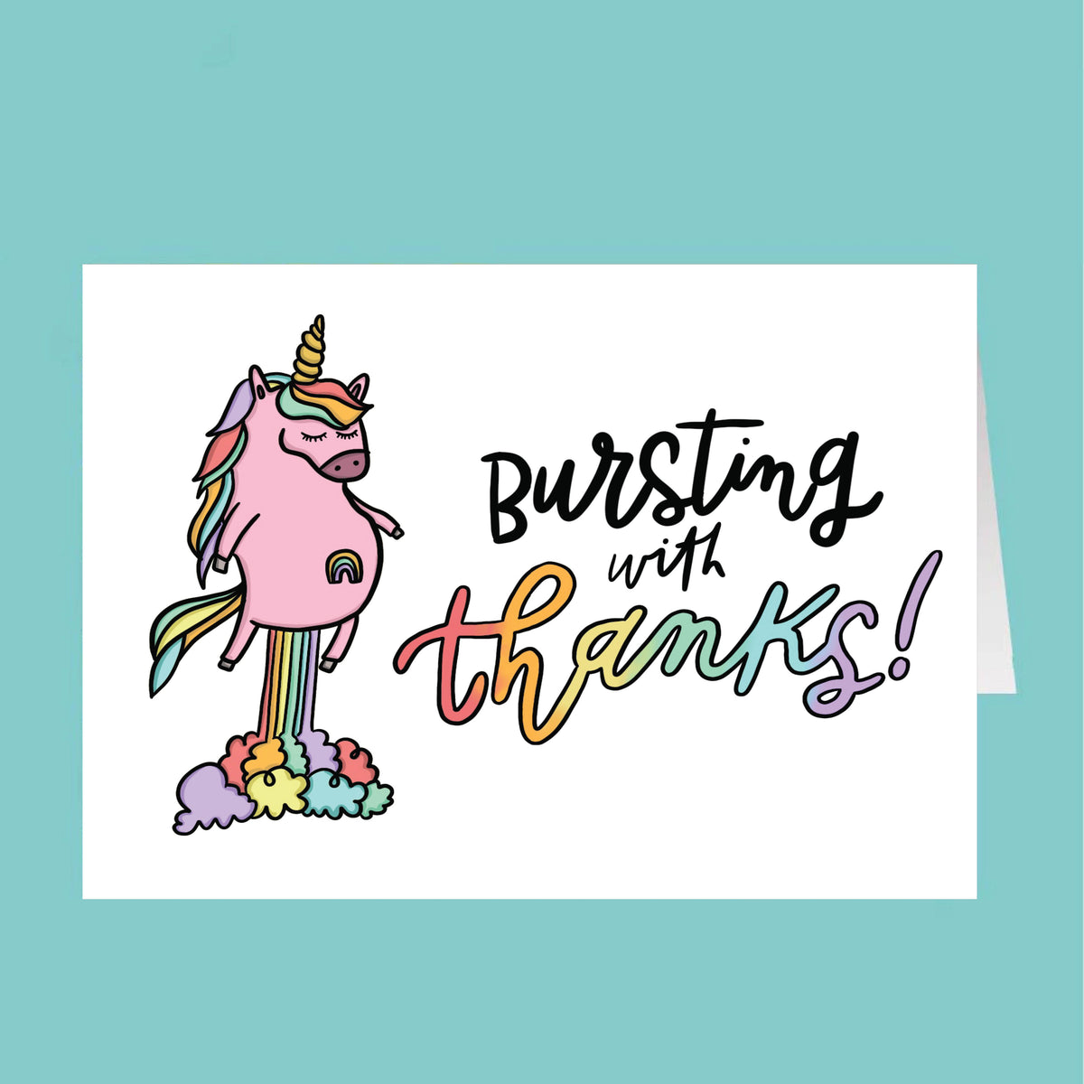 Card with a unicorn illustration and 'Bursting with thanks!' text on a teal background
