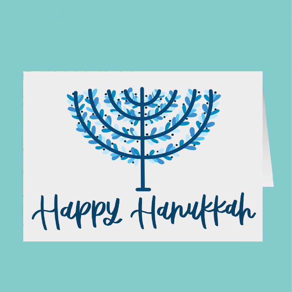 Card with blue Menorah design and 'Happy Hanukkah' text on a teal background