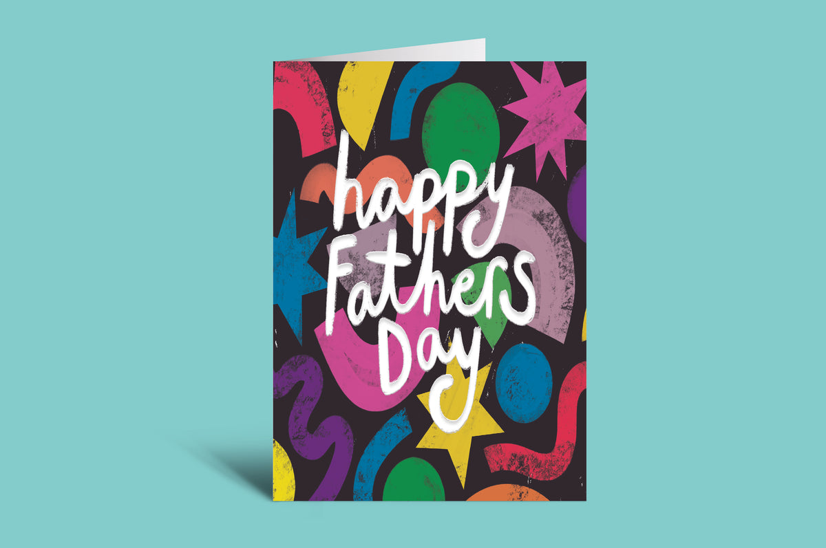Colorful 'Happy Father's Day' card with abstract shapes on a green background