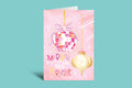 Greeting card with disco ball and Christmas ornament on a pink background