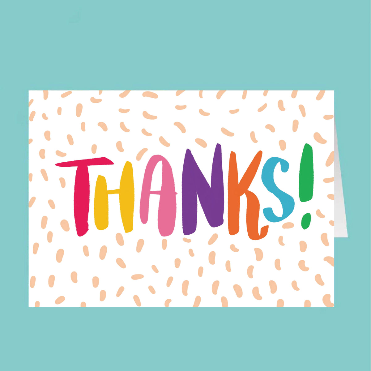 Colorful 'THANKS!' card with a white background and orange dots on a teal background