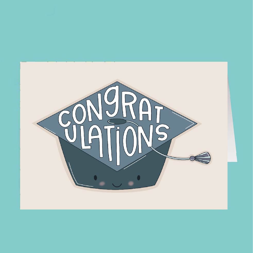 Graduation-themed card with 'Congratulations' text on a blue background
