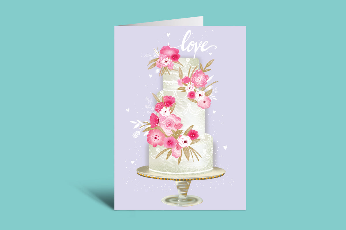 Greeting card with a cake illustration and flowers on a light purple background
