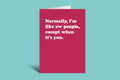 Pink card with humorous text on a teal background
