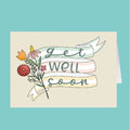 Get well soon card with flowers and banner on a beige background