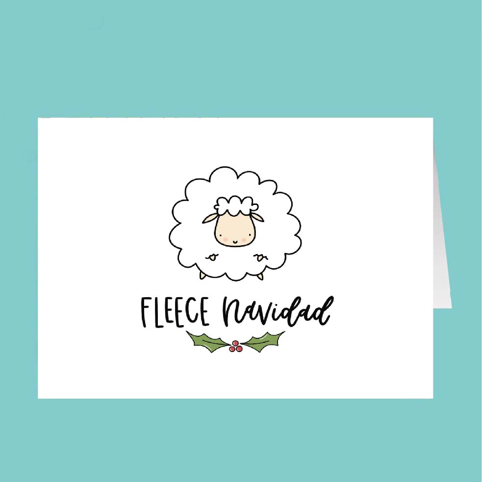 Card with a sheep illustration and 'Fleece Navidad' text on a teal background