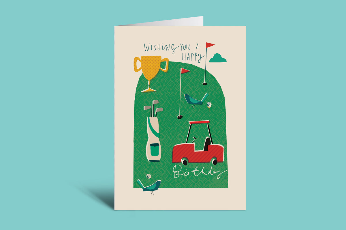 Greeting card with golf-themed illustrations on a green background