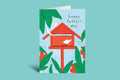 Father's Day card with a red birdhouse and birds on a green background