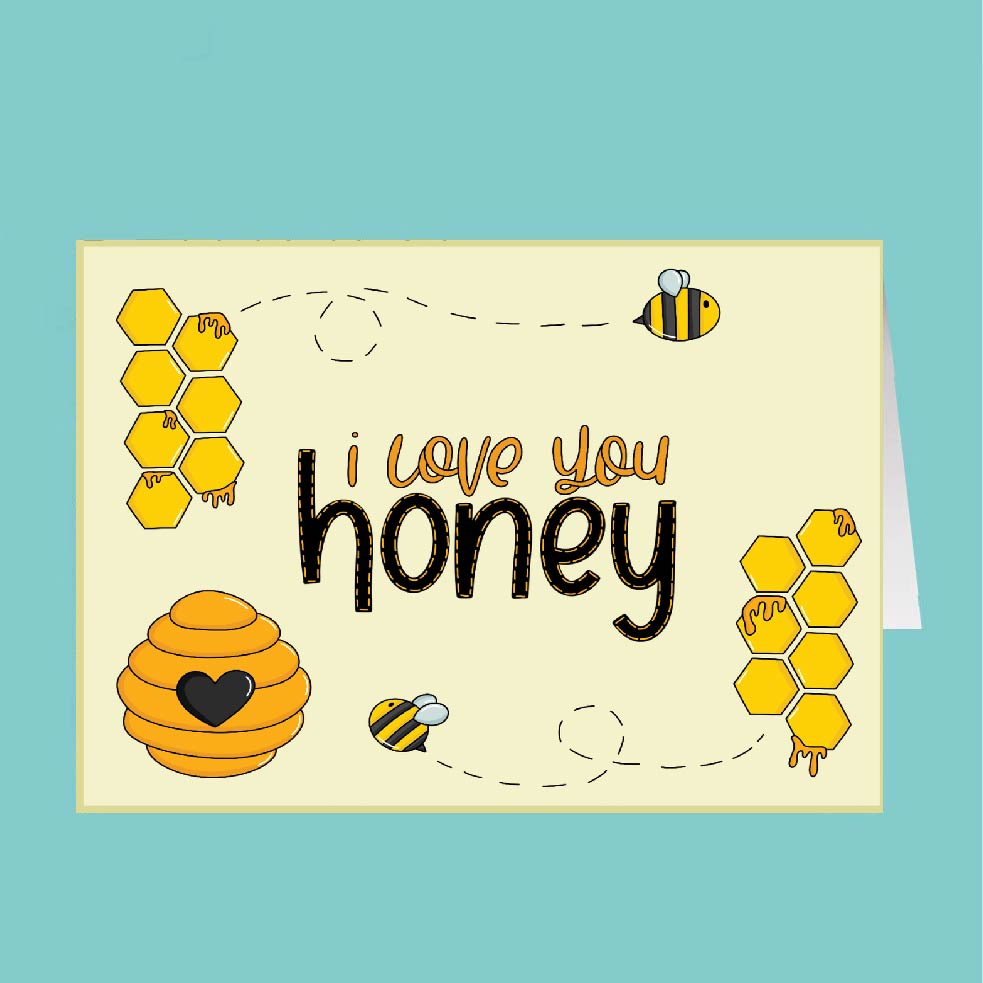 Card with bee and honeycomb illustrations and 'I love you honey' text on a teal background